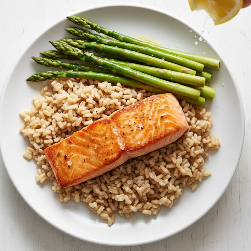 Seared Salmon with Steamed Asparagus and Brown Rice