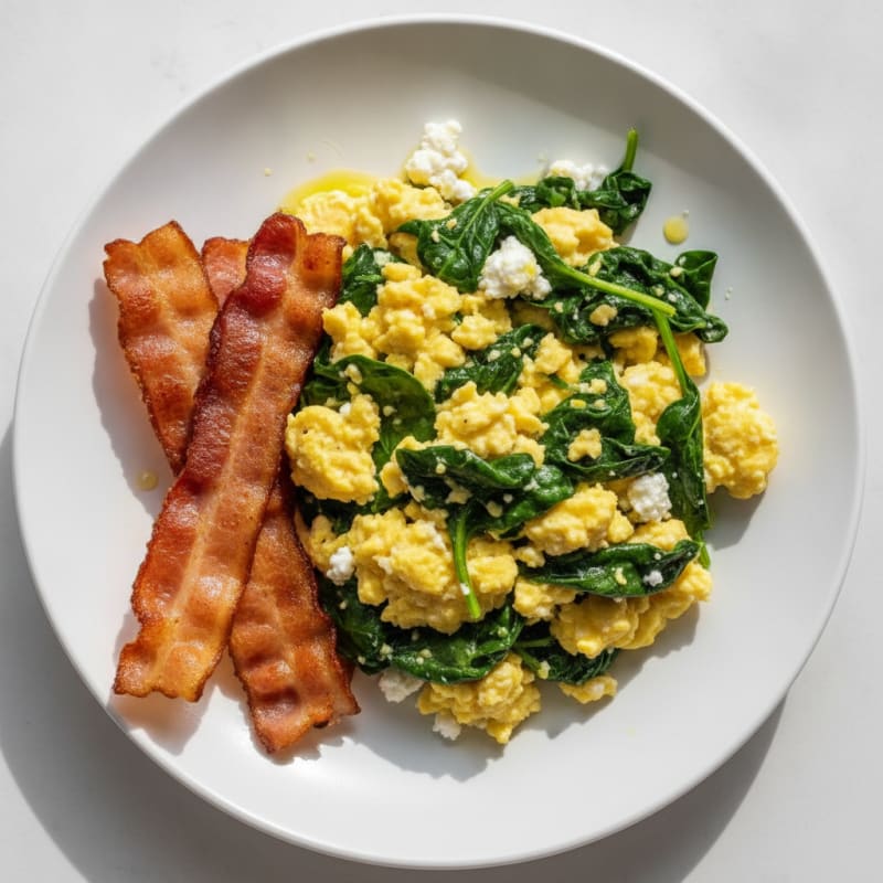 Cottage Cheese Egg Scramble with Spinach and Turkey Bacon