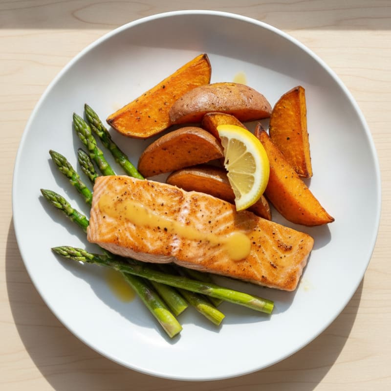 Seared Salmon Fillet with Roasted Sweet Potato and Asparagus