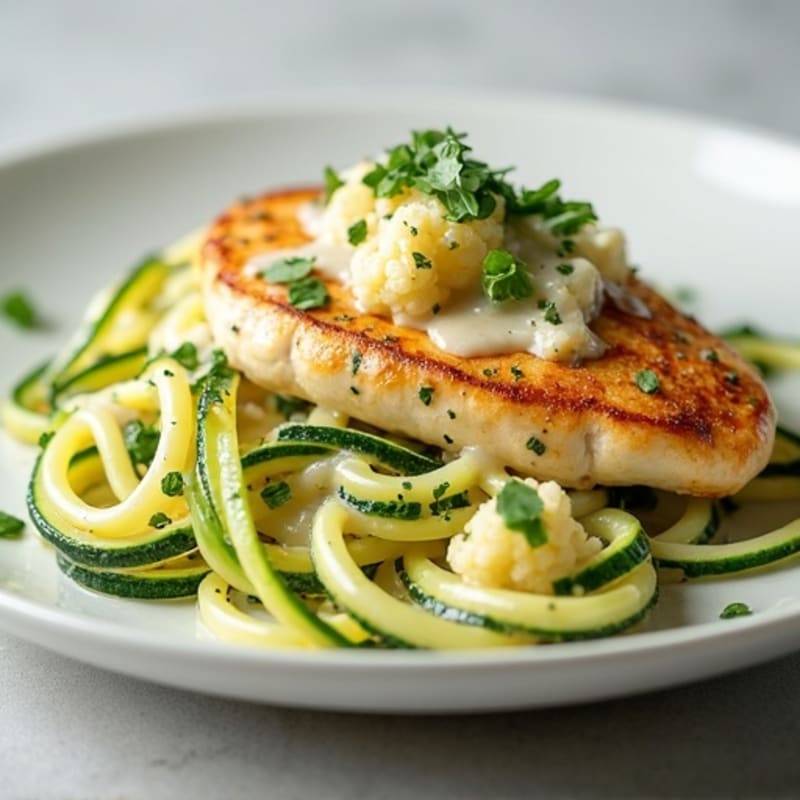 Creamy Cauliflower Alfredo Chicken with Zucchini Noodles