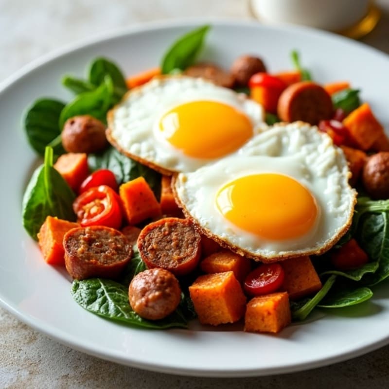 Turkey Sausage and Sweet Potato Hash with Fried Eggs