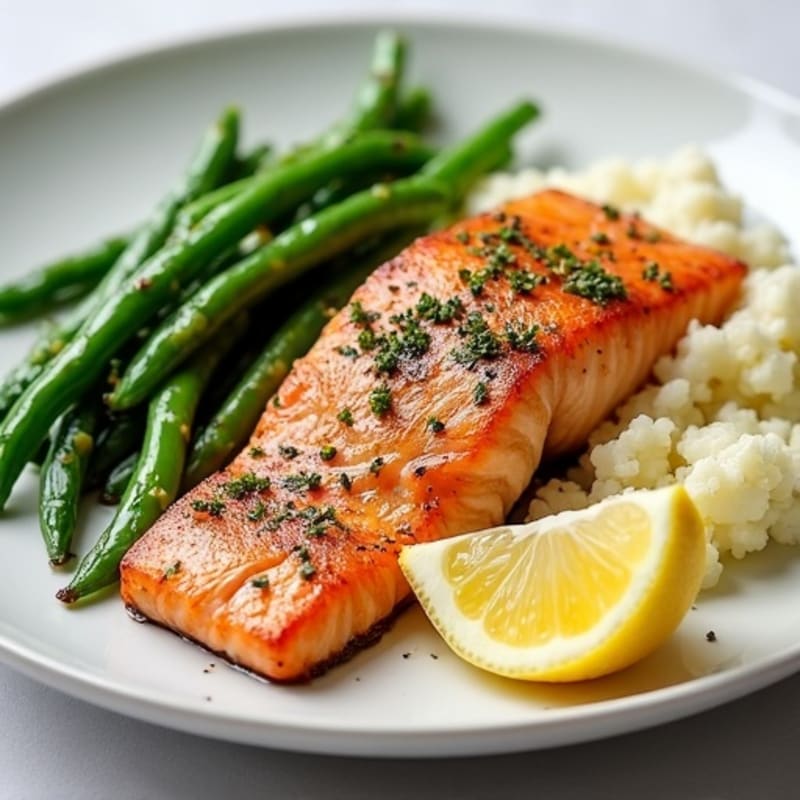Seared Salmon with Garlic Green Beans and Cauliflower Mash