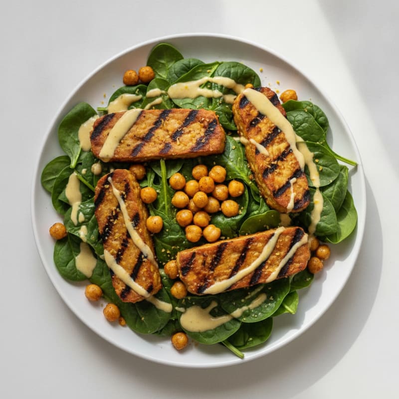Grilled Tempeh Salad with Chickpeas and Lemon-Tahini Dressing