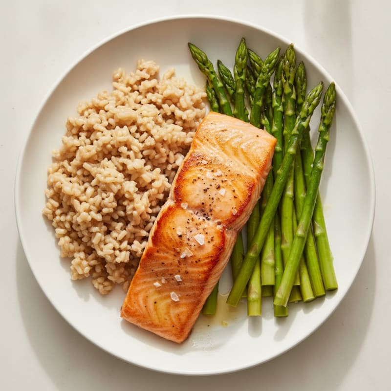 Seared Salmon with Steamed Asparagus and Brown Rice
