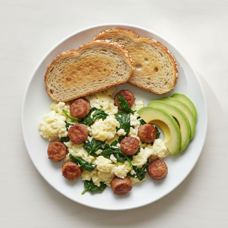 Egg White Scramble with Turkey Sausage and Sautéed Spinach