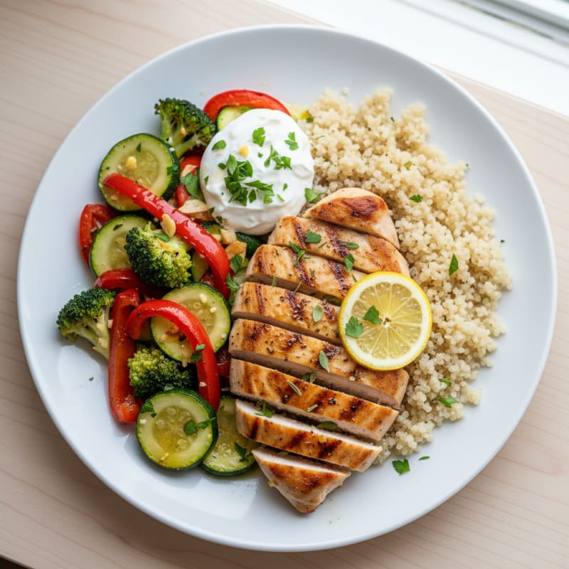 Grilled Chicken with Steamed Quinoa and Sautéed Vegetables