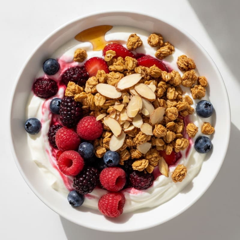 Greek Yogurt Parfait with Mixed Berries and Crunchy Almond Granola