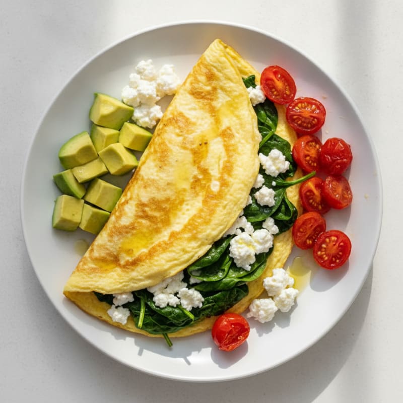 Egg White Spinach Omelette with Cottage Cheese and Cherry Tomatoes