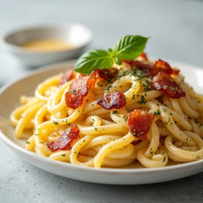 Creamy Lighter Carbonara with Crispy Turkey Bacon and Fresh Herbs