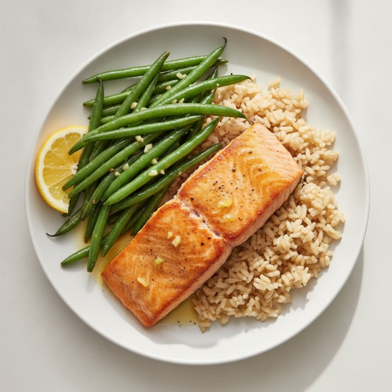 Seared Salmon with Garlic Green Beans and Brown Rice