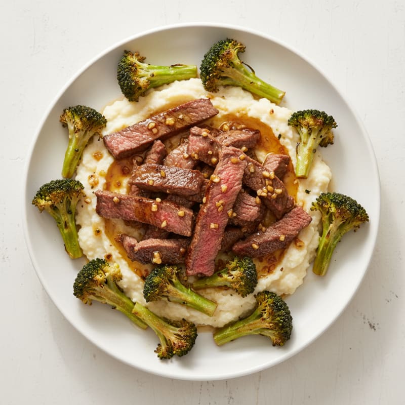 Seared Lean Beef Strips with Roasted Broccoli and Cauliflower Mash