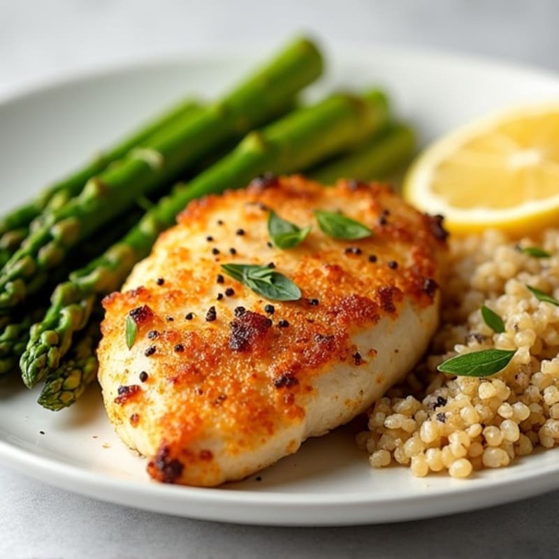 Crispy Lemon Garlic Roasted Chicken with Tender Asparagus and Fluffy Quinoa