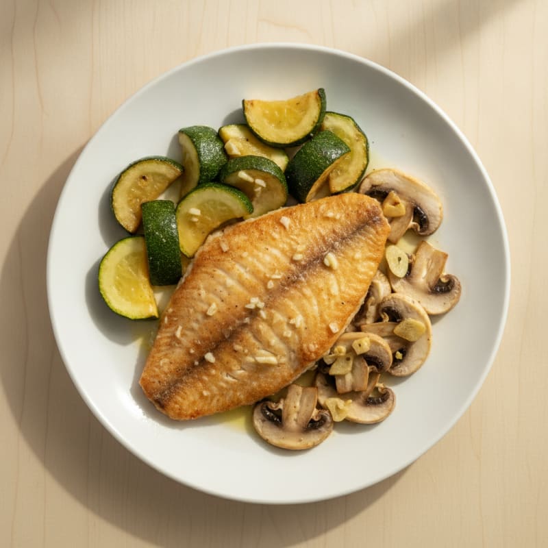 Seared Tilapia with Roasted Zucchini and Garlic Mushrooms