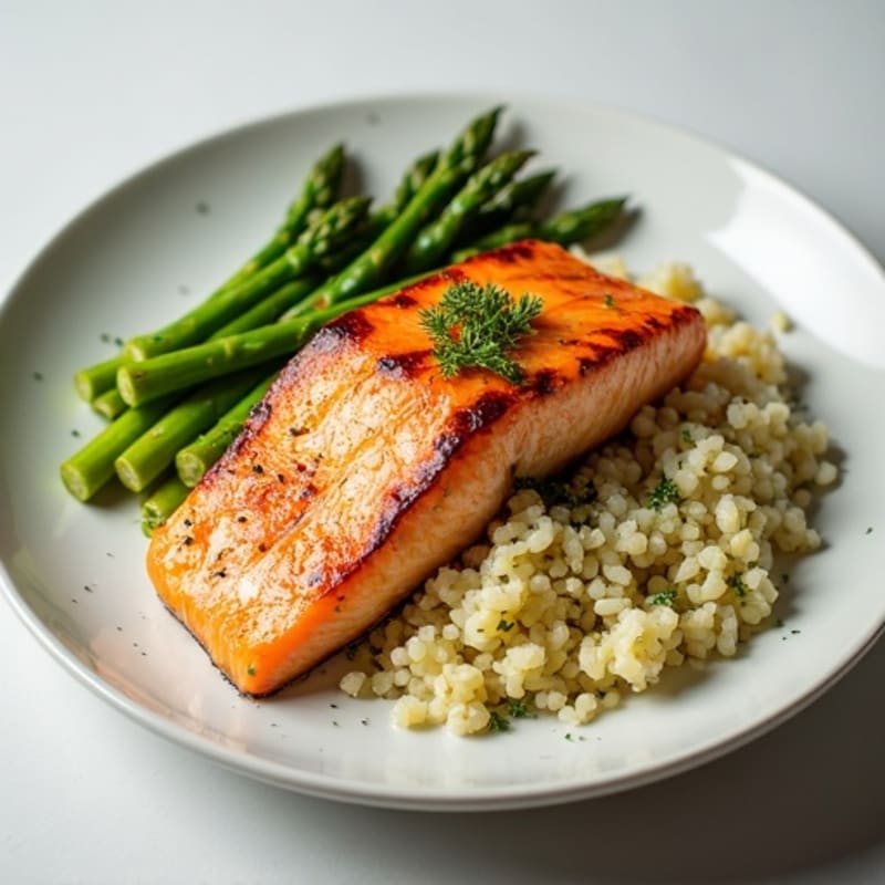 Seared Salmon Fillet with Steamed Asparagus and Herbed Cauliflower Rice