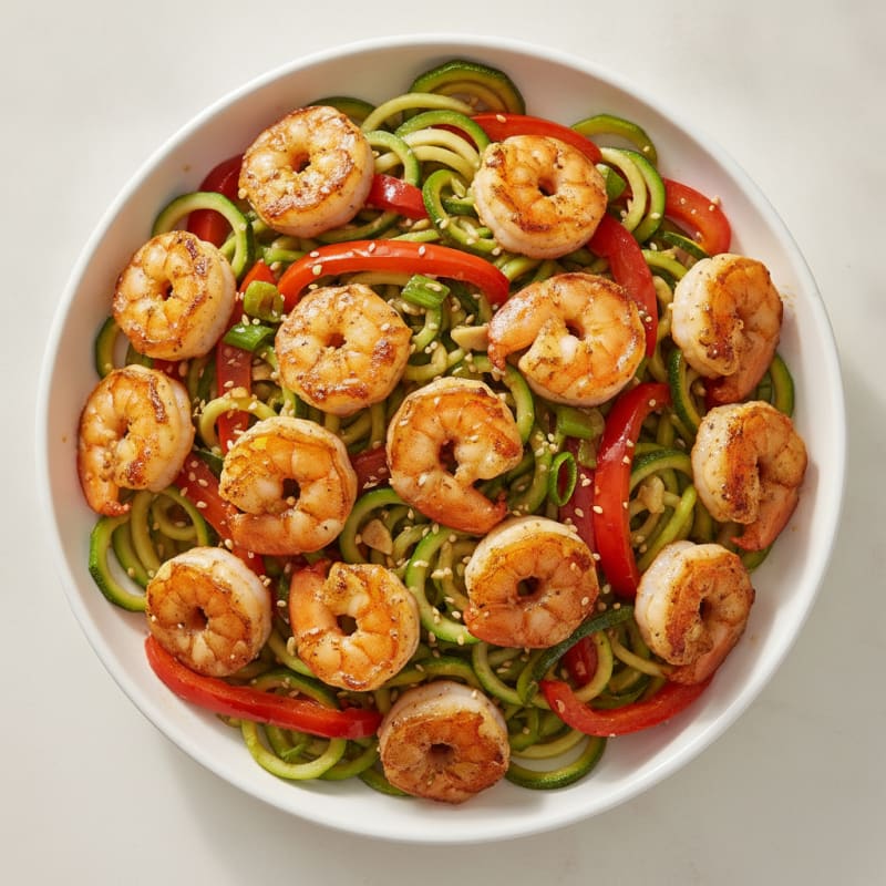 Seared Shrimp and Zucchini Noodle Stir-Fry with Roasted Peppers