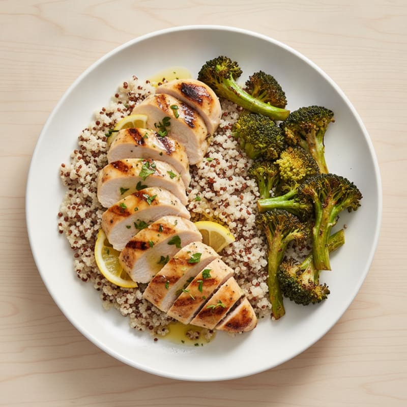 Grilled Lemon Herb Chicken Breast with Quinoa and Roasted Broccoli