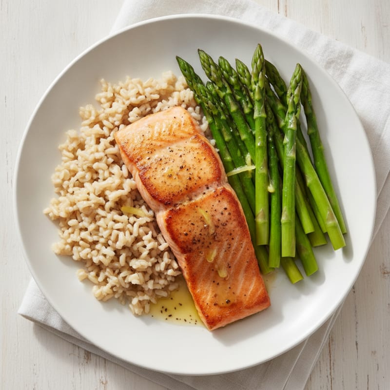 Seared Salmon Fillet with Steamed Asparagus and Brown Rice