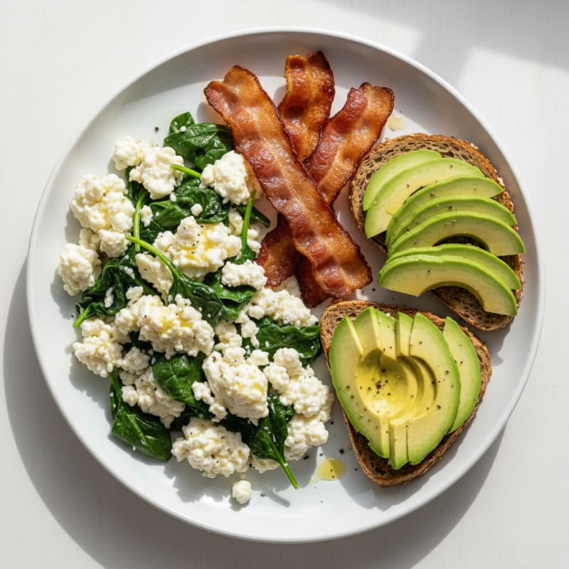 Egg White and Cottage Cheese Scramble with Sautéed Spinach and Turkey Bacon