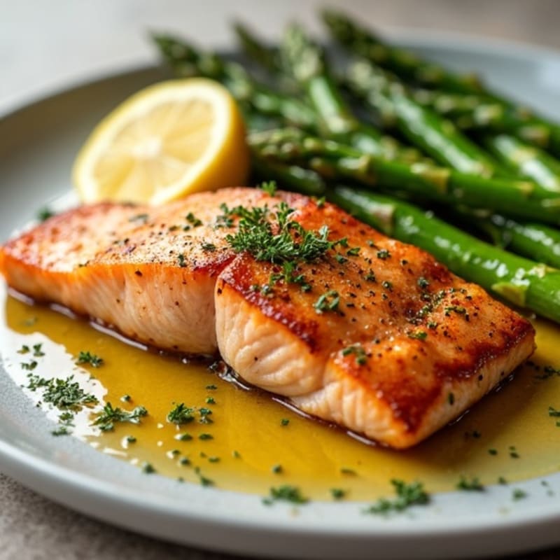 Crispy Pan-Seared Salmon with Roasted Asparagus and Lemon