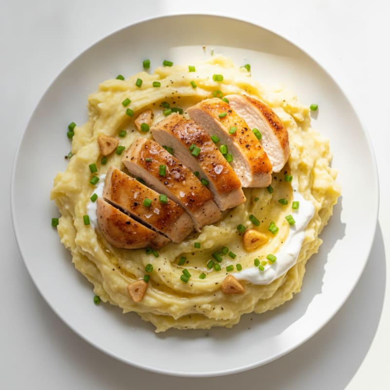 High-Protein Buttery Garlic Mashed Potatoes with Roasted Chicken