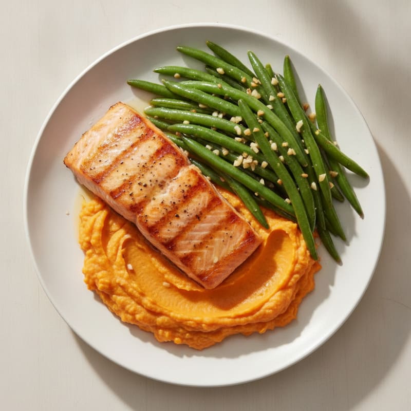 Seared Salmon with Garlic Green Beans and Sweet Potato Mash