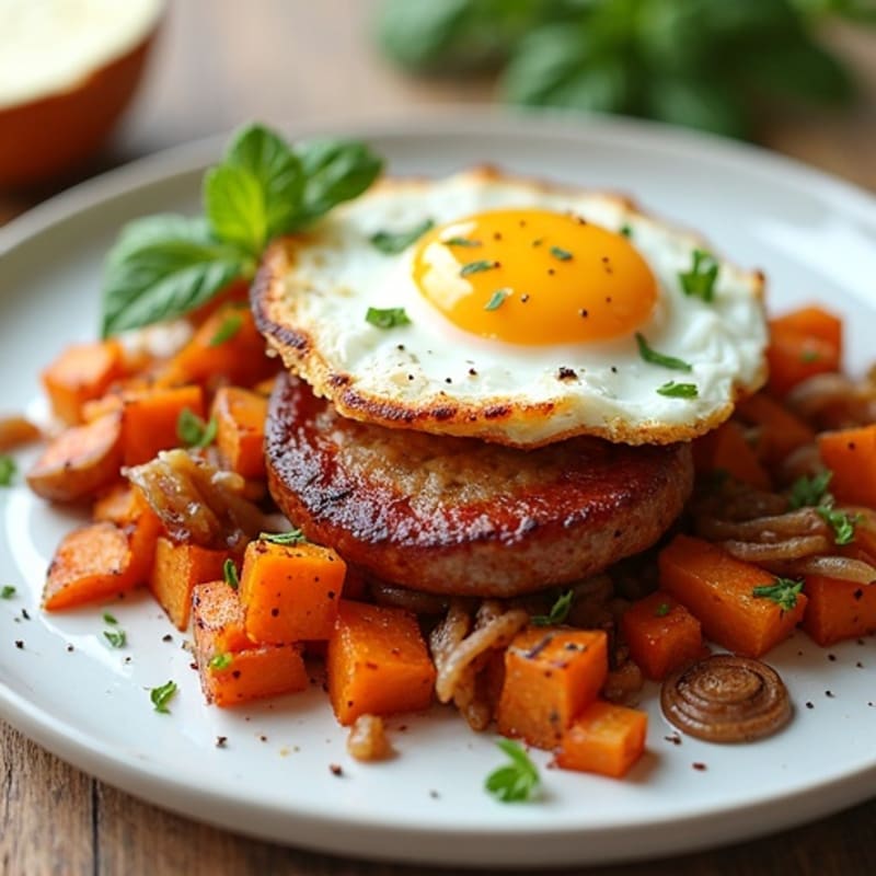 Crispy Sweet Potato and Egg Hash with Lean Turkey Sausage