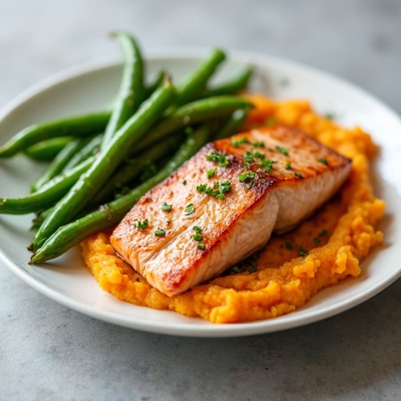 Seared Salmon with Garlic Green Beans and Sweet Potato Mash