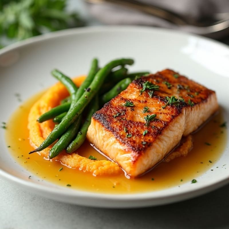 Seared Salmon with Garlic Green Beans and Sweet Potato Mash