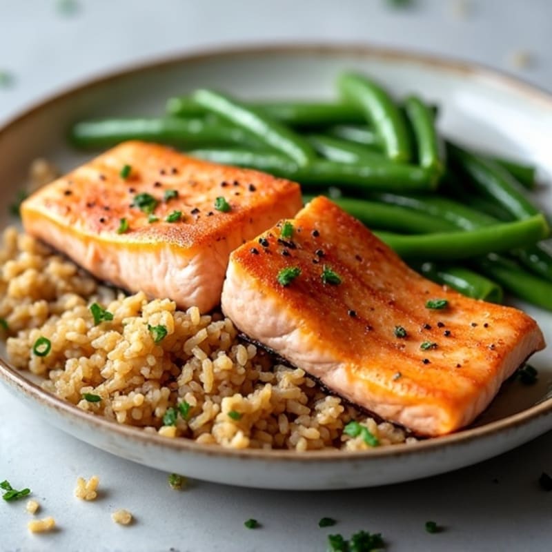 Seared Salmon with Garlic Green Beans and Brown Rice