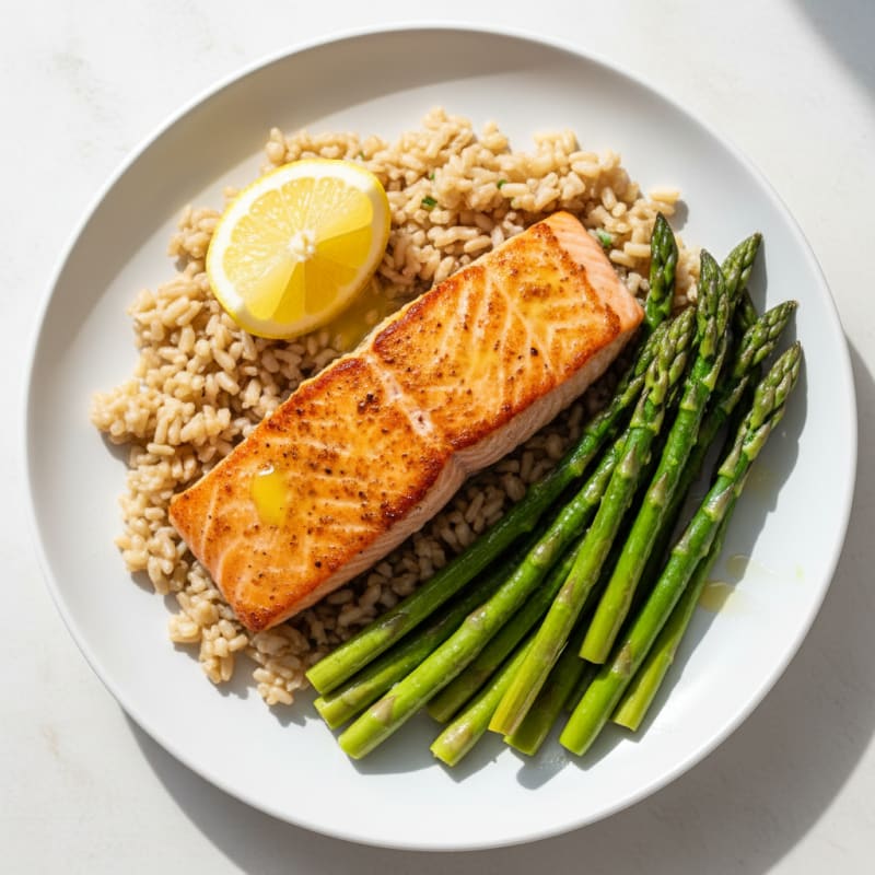 Seared Salmon Fillet with Steamed Asparagus and Brown Rice