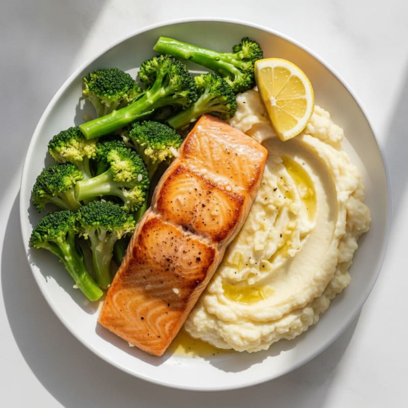 Seared Salmon with Steamed Broccoli and Garlic Mashed Cauliflower