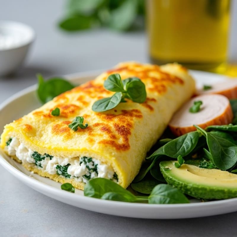 Egg White Spinach Omelet with Cottage Cheese and Sliced Turkey