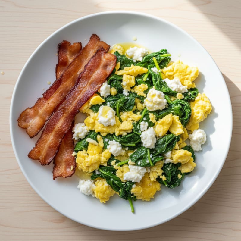 Cottage Cheese and Spinach Egg Scramble with Turkey Bacon