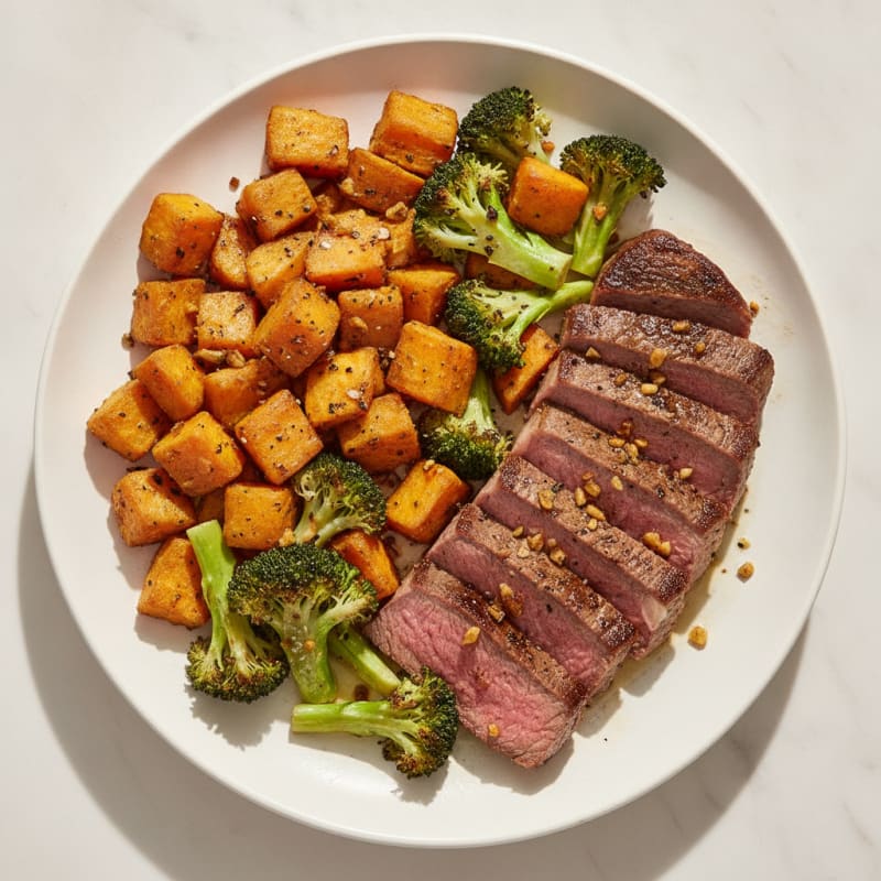 Grilled Steak with Roasted Sweet Potatoes and Broccoli