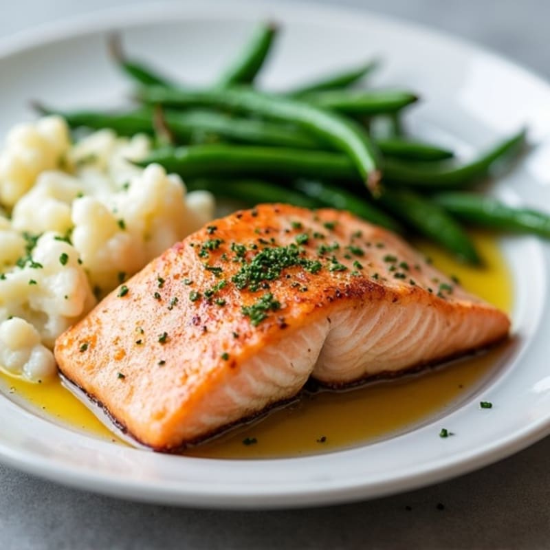 Seared Salmon with Steamed Green Beans and Garlic Mashed Cauliflower