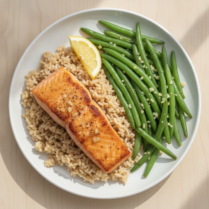 Seared Salmon Fillet with Garlic Green Beans and Brown Rice