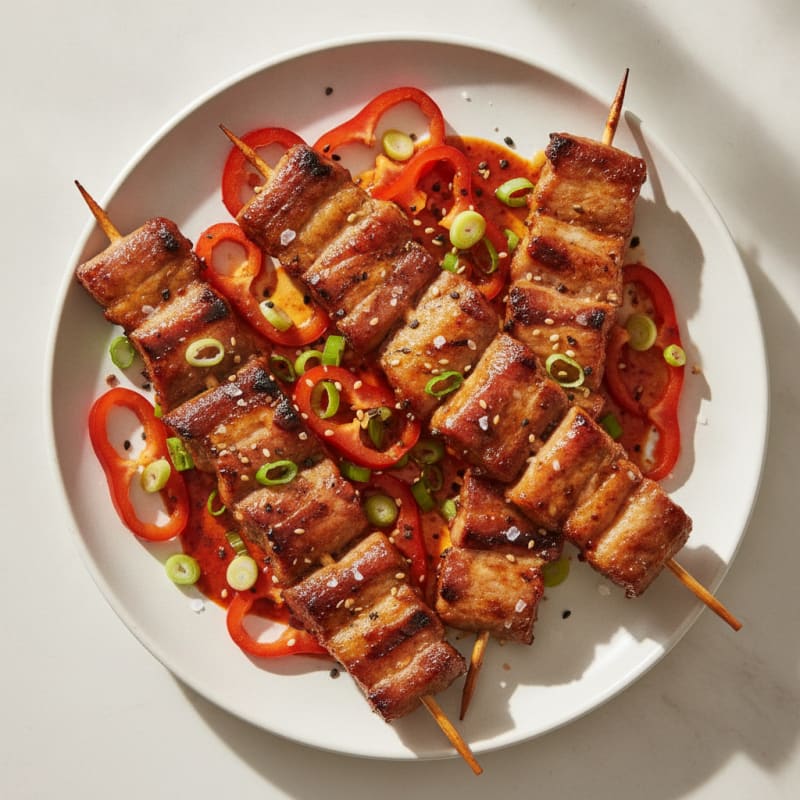 Spicy Gochujang Pork Belly Skewers
