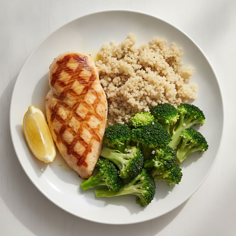 Grilled Chicken Breast with Steamed Broccoli and Quinoa