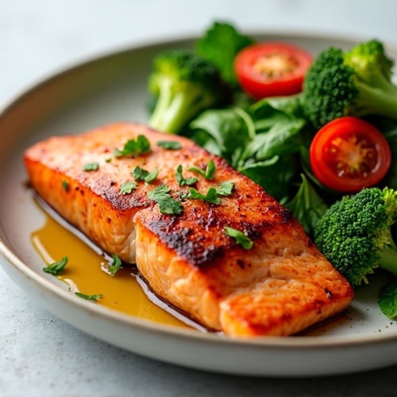 Seared Salmon with Roasted Sweet Potatoes, Steamed Broccoli, and Fresh Spinach Salad