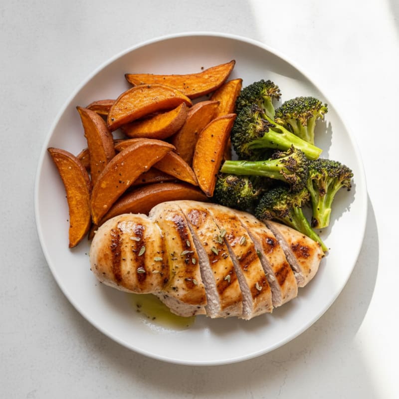 Grilled Chicken Breast with Roasted Broccoli and Sweet Potato