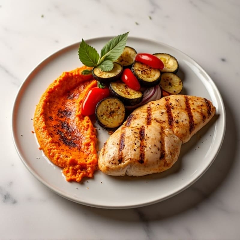 Roasted Red Pepper Hummus Plate with Grilled Chicken and Crispy Roasted Vegetables