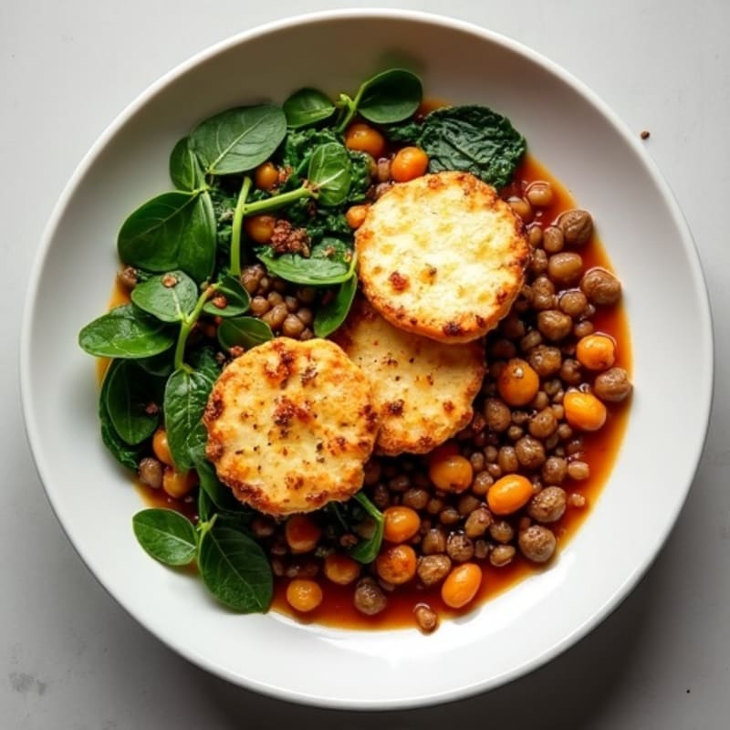 Lentil and Chickpea Stew with Spinach and Grilled Halloumi