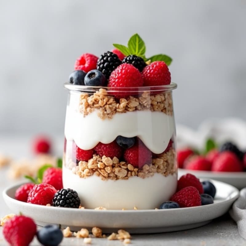 Greek Yogurt Protein Parfait with Mixed Berries and Almond Butter