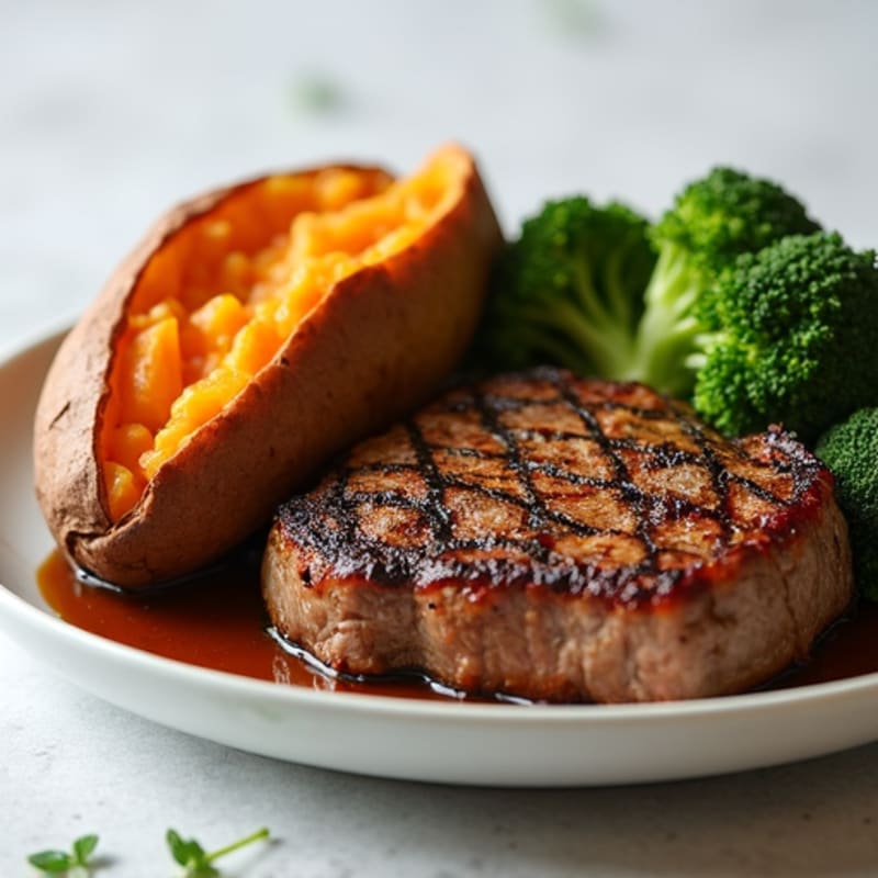 Seared Flank Steak with Roasted Broccoli and Sweet Potato