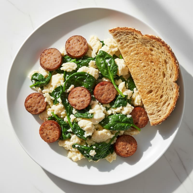 Scrambled Egg Whites with Sautéed Spinach and Turkey Sausage