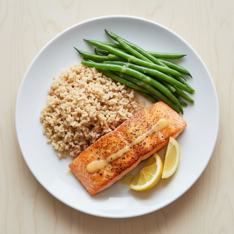 Seared Salmon with Steamed Green Beans and Brown Rice