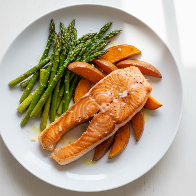 Seared Salmon Fillet with Roasted Asparagus and Sweet Potato