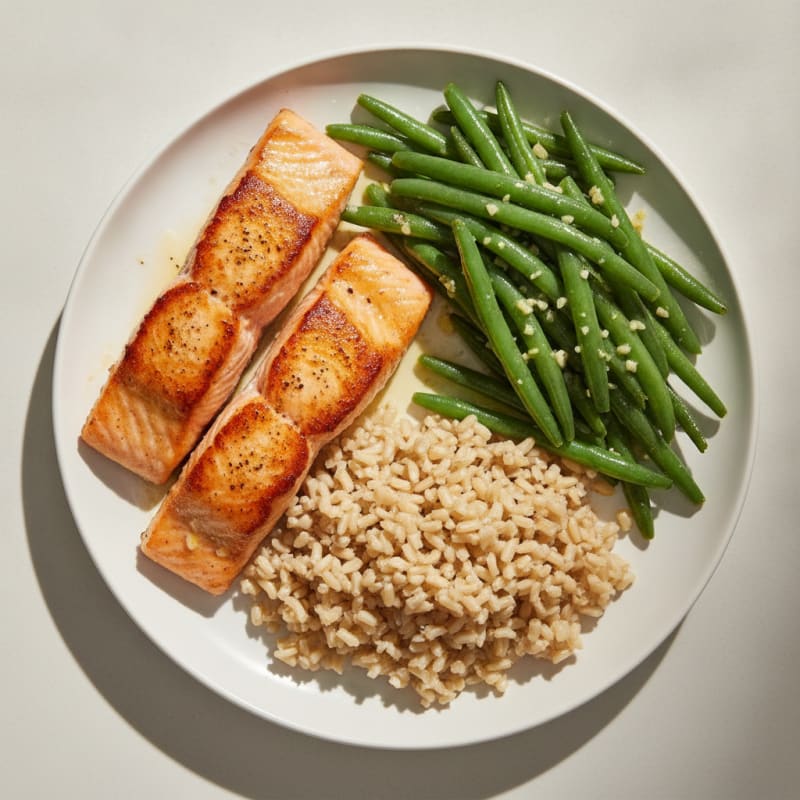 Seared Salmon with Garlic Green Beans and Brown Rice