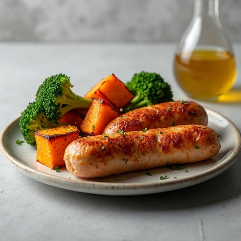Crispy Chicken Sausage with Roasted Sweet Potatoes and Broccoli