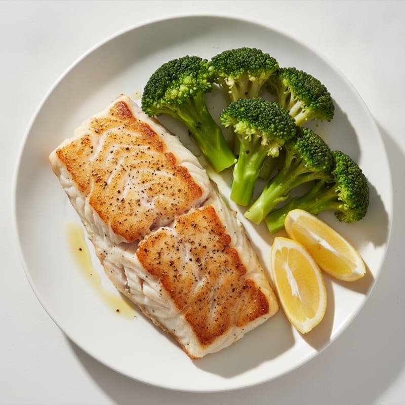 Seared Cod Fillet with Steamed Broccoli and Lemon